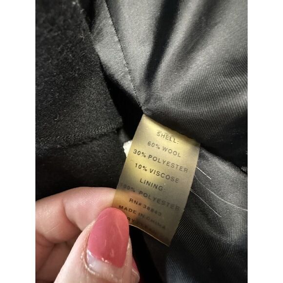 TAHARI~BLACK WOOL RUFFLE SNAP FRONT LEATHER TRIM COAT sz 14 - Picture 12 of 16